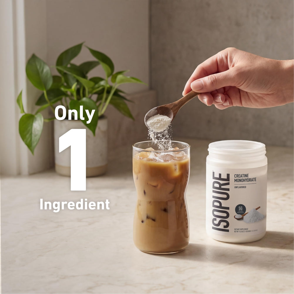 Isopure envase junto a objeto para comparar tamaño y servicios disponibles
