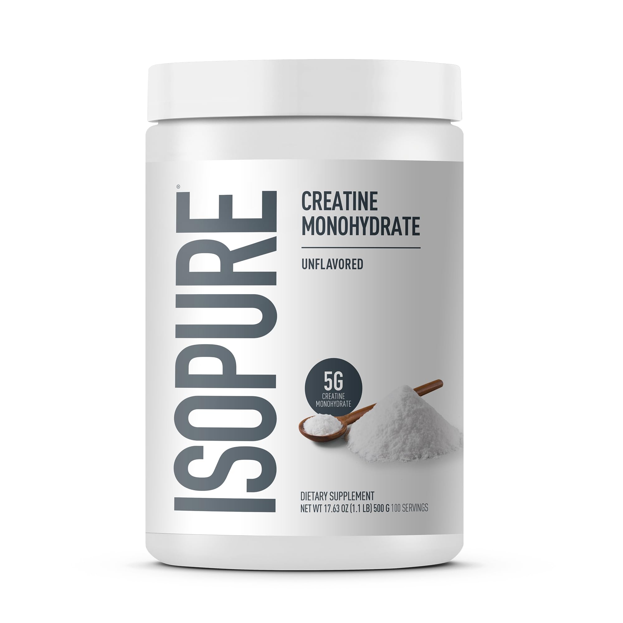 Isopure envase frontal mostrando la marca y cantidad, ideal para planificación