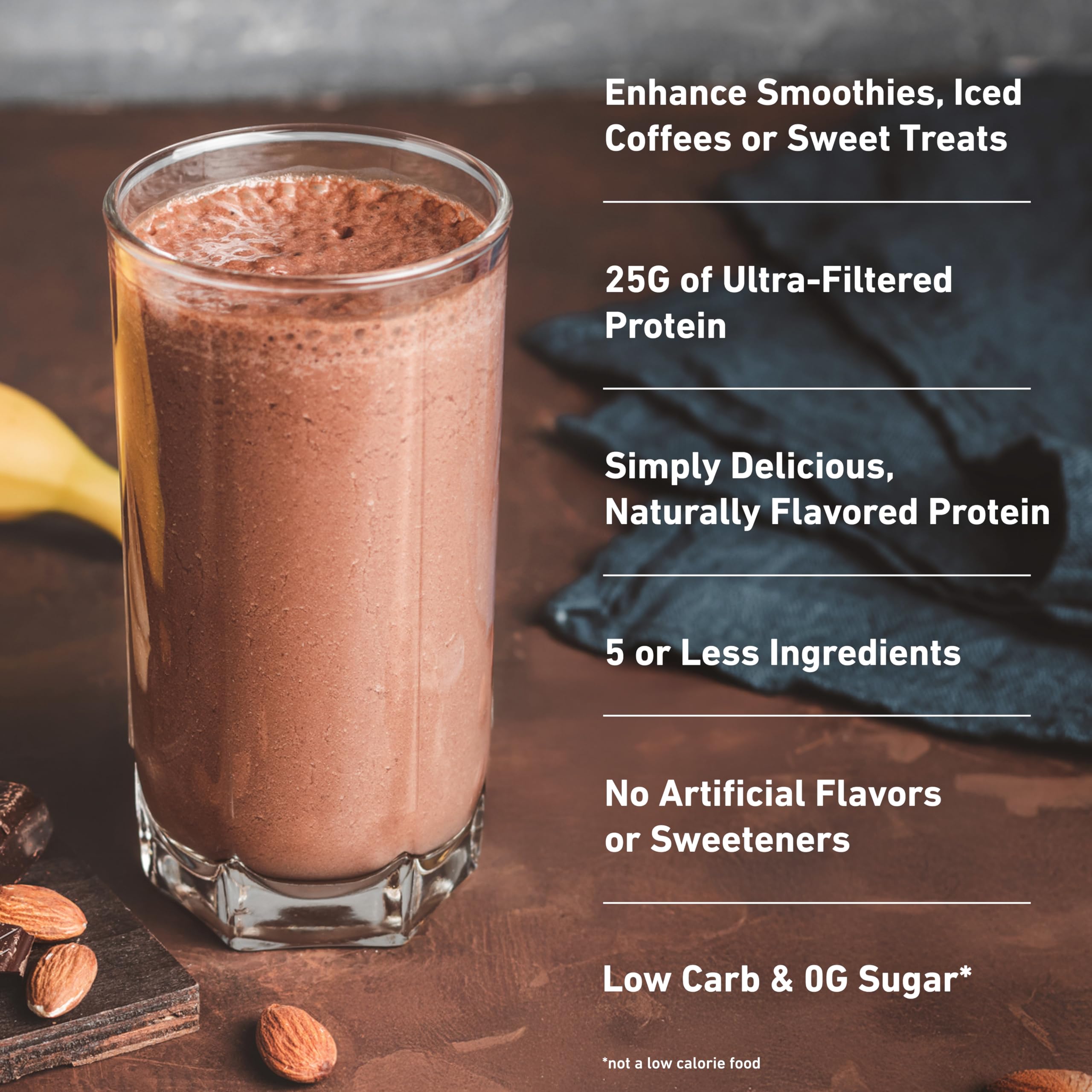Isopure blended smoothie in glass showing rich chocolate taste benefit
