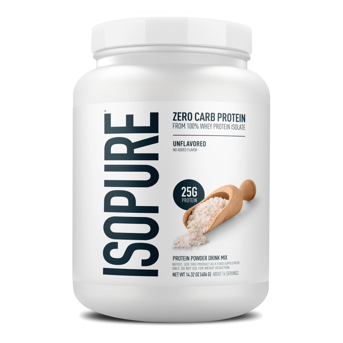 Isopure tarro frontal mostrando presentación y beneficio de proteína limpia