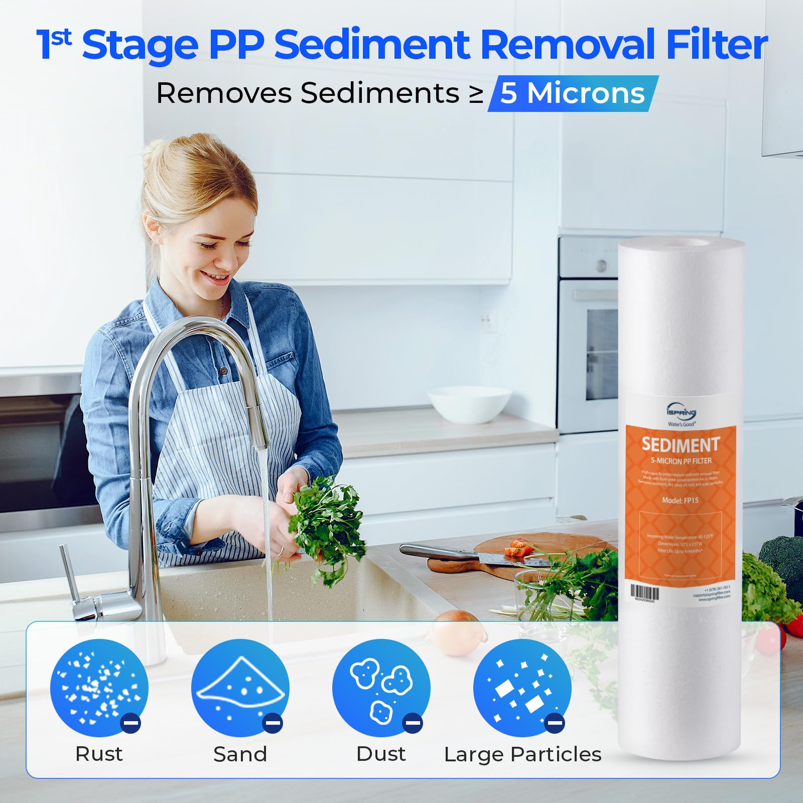 iSpring filtro GAC en primer plano reduce cloro y mejora sabor