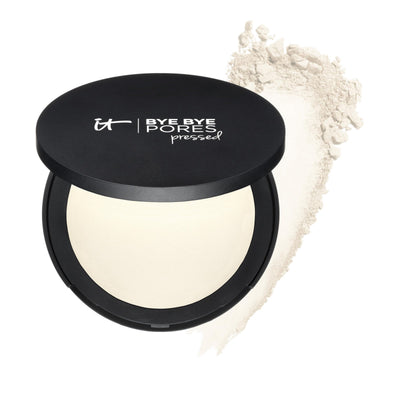 IT Cosmetics compact front view showing sleek packaging and product name, highlights portability