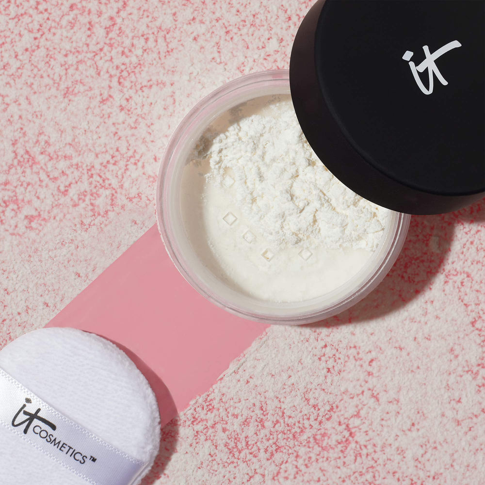 IT Cosmetics powder on bathroom vanity styled for everyday radiant finish