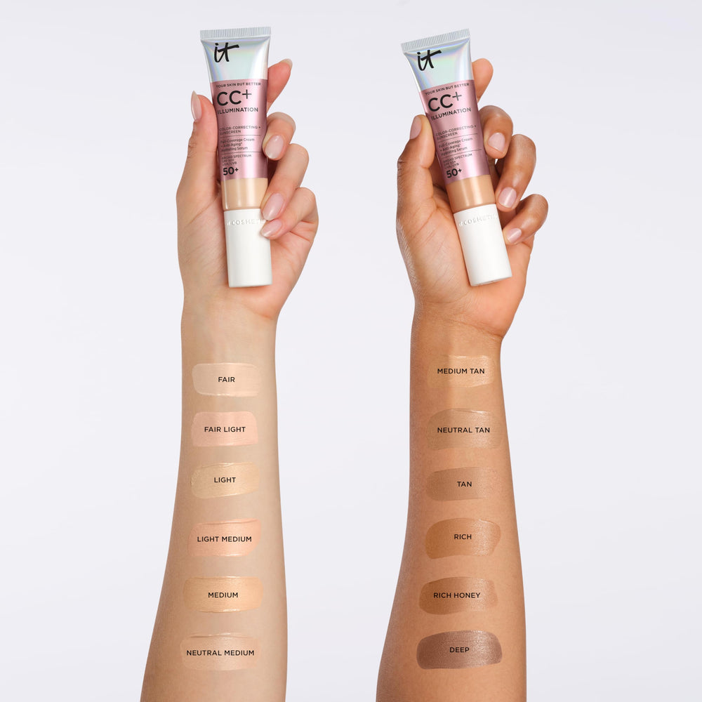 IT Cosmetics CC+ junto a regla para comparar tamaño y cantidad