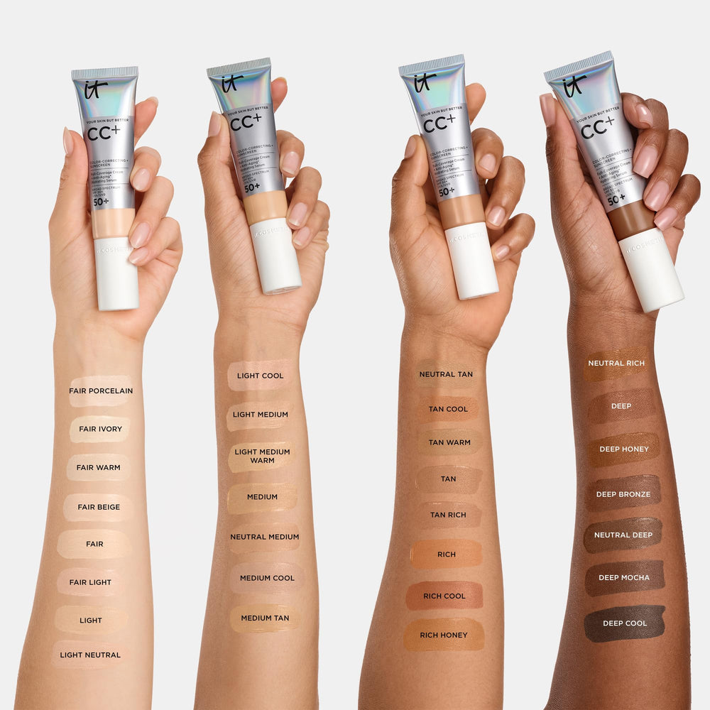 IT Cosmetics comparación de tono Medium Tan mostrando cobertura y fusión
