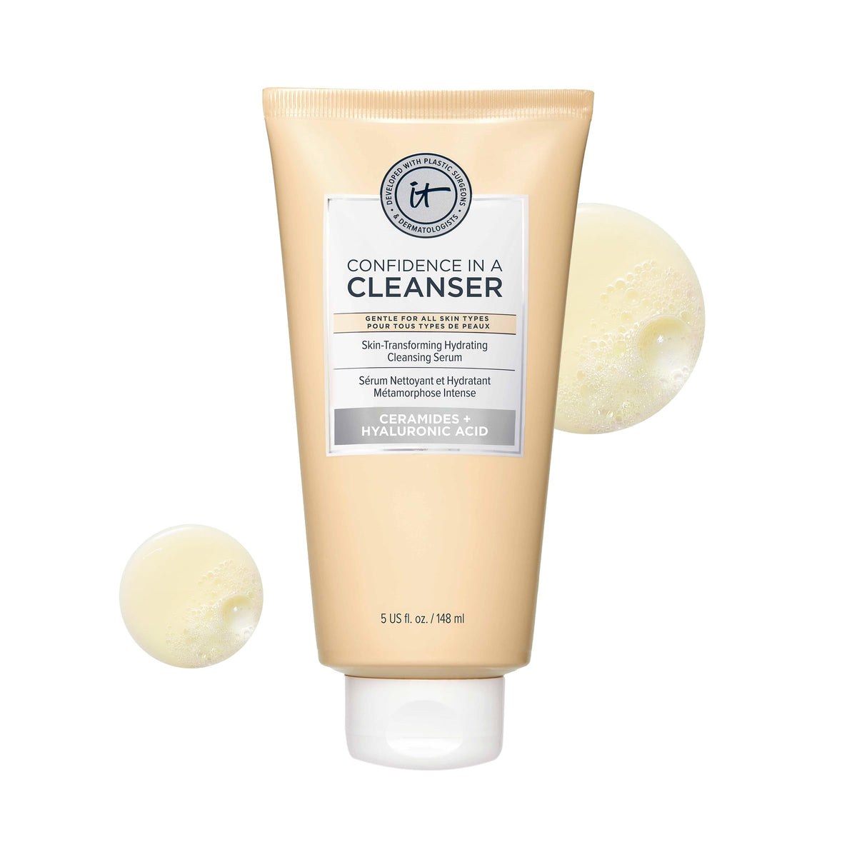 IT Cosmetics envase frontal mostrando limpiador hidratante y facilidad de uso