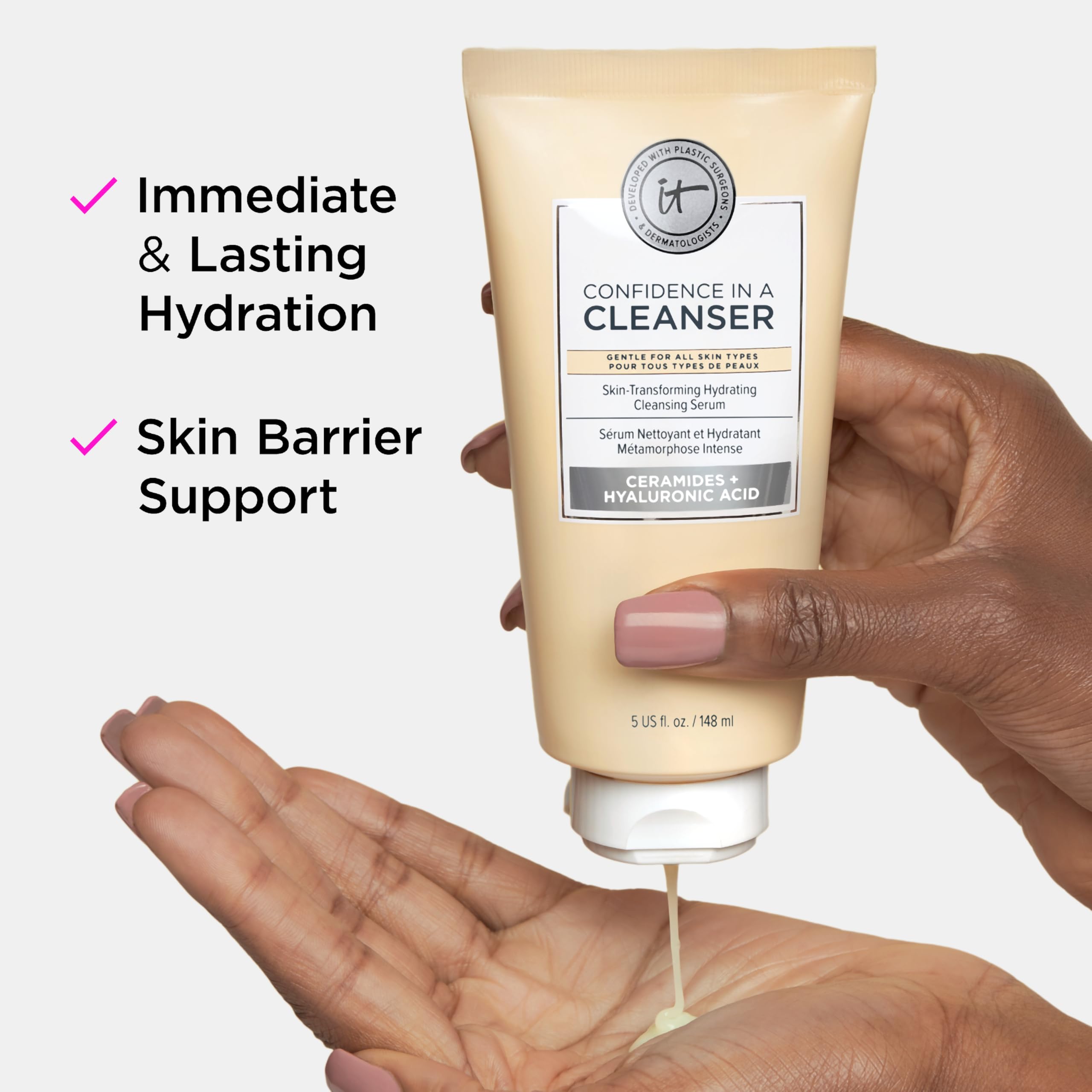 IT Cosmetics etiqueta legible con información de ingredientes y beneficios