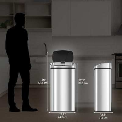 iTouchless beside a trash bag and countertop showing scale and high-capacity benefit