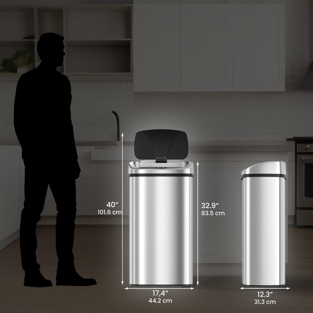 iTouchless beside a trash bag and countertop showing scale and high-capacity benefit