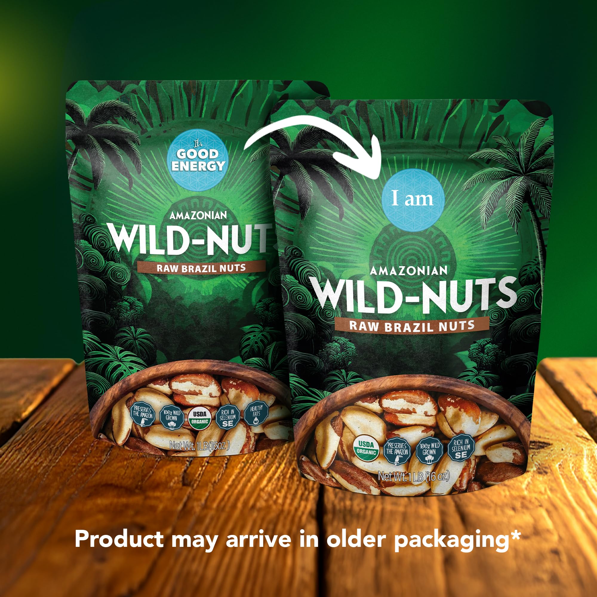 Comparación de tamaño de nueces de Brasil It's Good Energy junto a una manzana