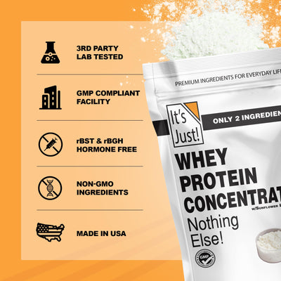 It's Just! powder blended into a glass shake demonstrating smooth mixability and neutral taste