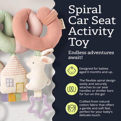 Itzy Ritzy spiral attached to stroller providing on-the-go entertainment