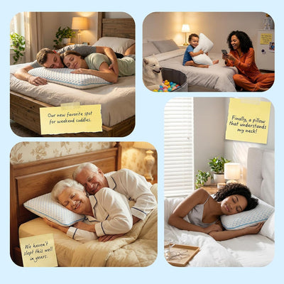 Iwacool two pillows stacked showing adjustable height and customizable loft