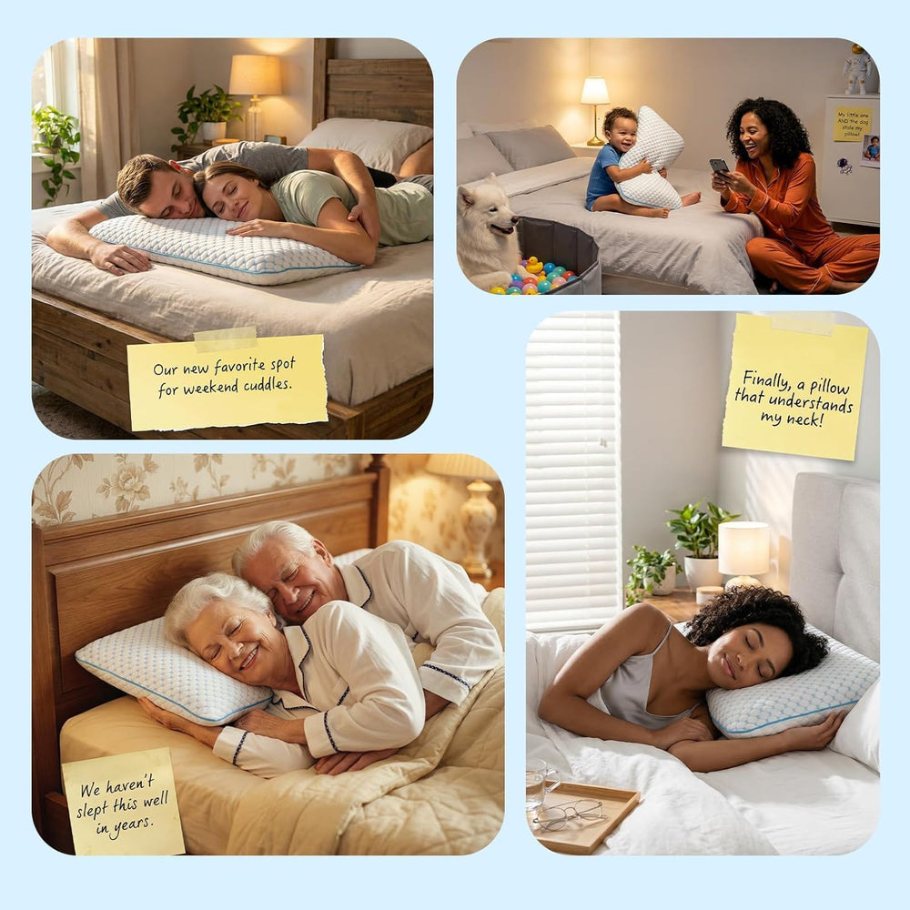 Iwacool two pillows stacked showing adjustable height and customizable loft