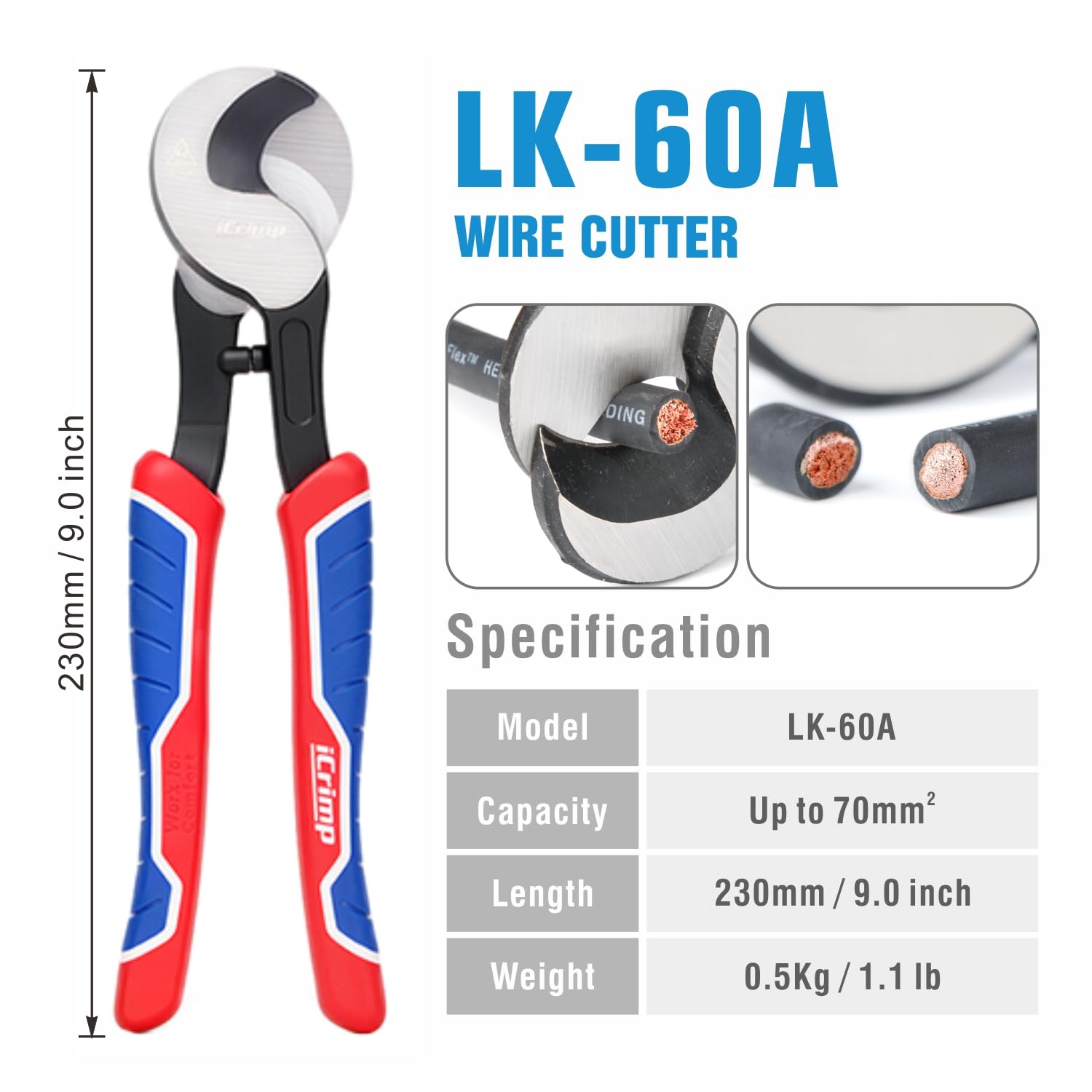 IWISS cortacables LK-60A con cuchilla endurecida para cortes limpios en cobre y aluminio