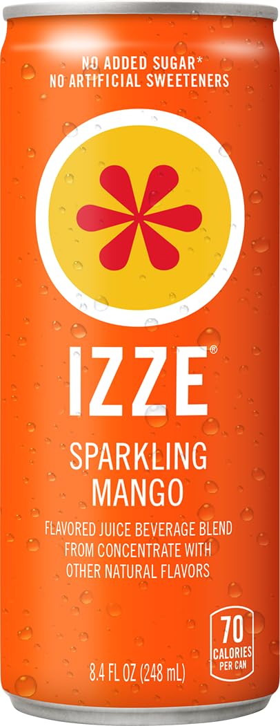 IZZE lata mango primer plano de textura efervescente resaltando sabor natural