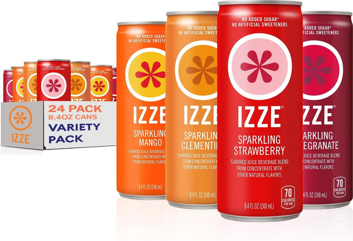 IZZE pack frontal mostrando las cuatro latas y variedad de sabores, ideal para compartir