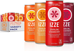 IZZE pack frontal mostrando las cuatro latas y variedad de sabores, ideal para compartir