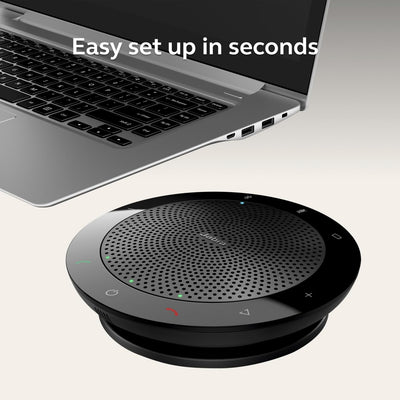 Jabra Speak 510 connected to a laptop demonstrating easy plug-and-play benefit