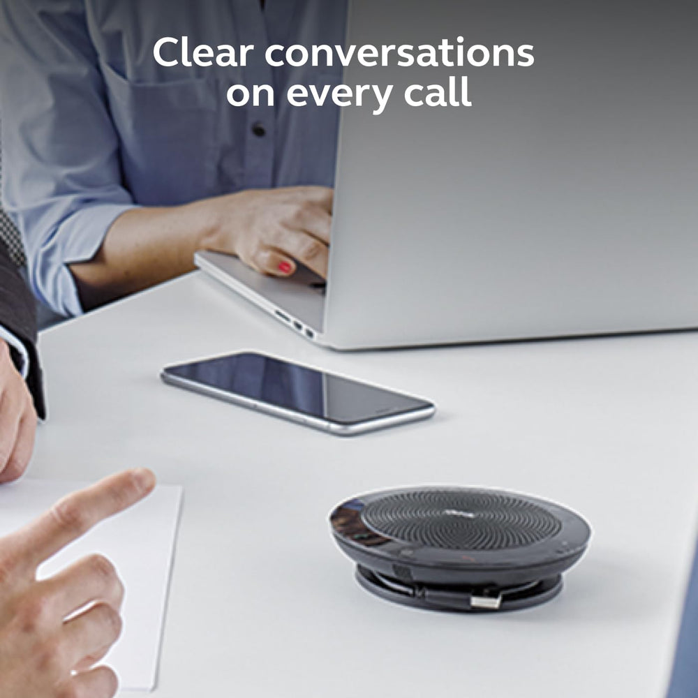 Jabra Speak 510 microphone detail showing 360-degree pickup benefit