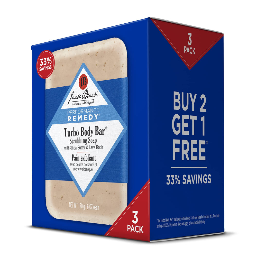 Jack Black Turbo Body Bar front packaging showing three 6 oz bars and value pack benefit
