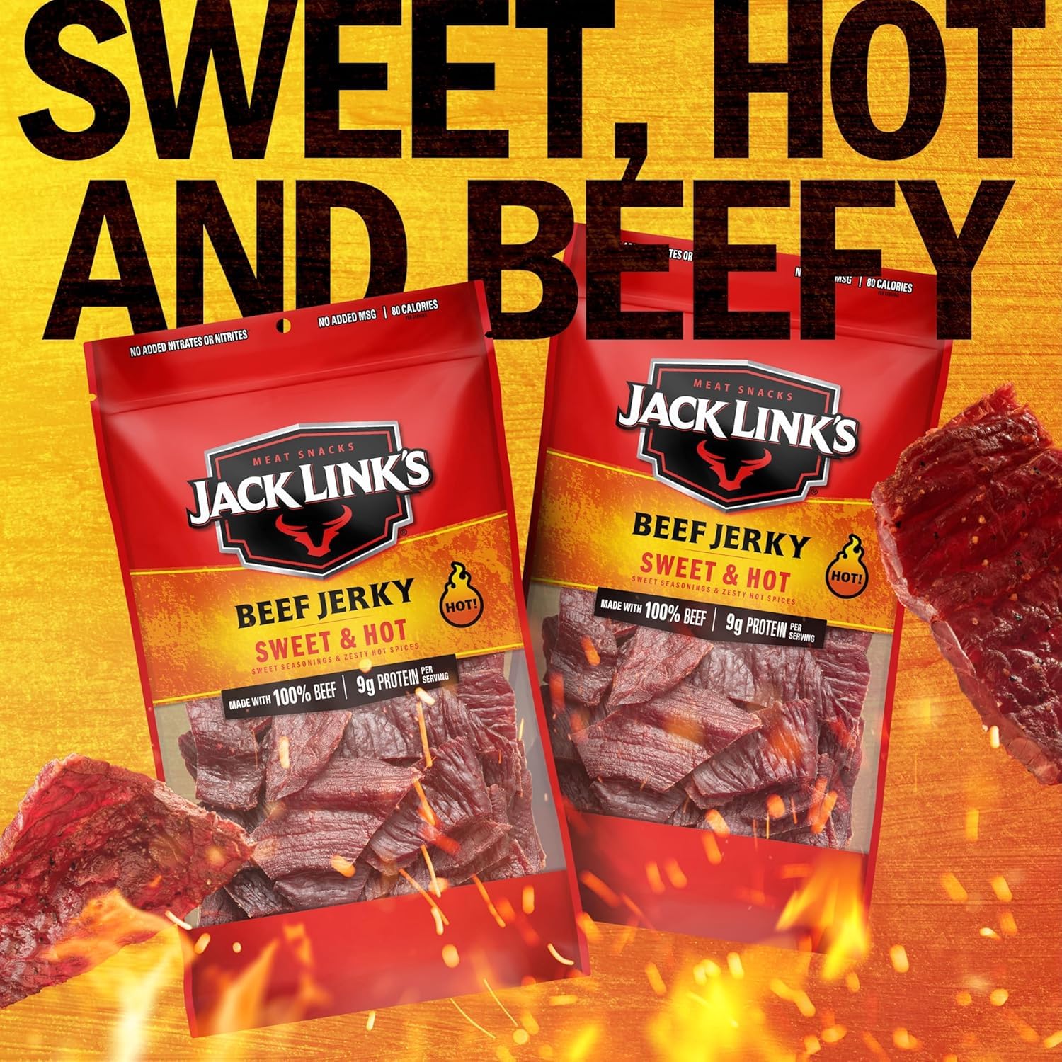 Jack Link's persona comiendo jerky en carretera, snack proteico listo