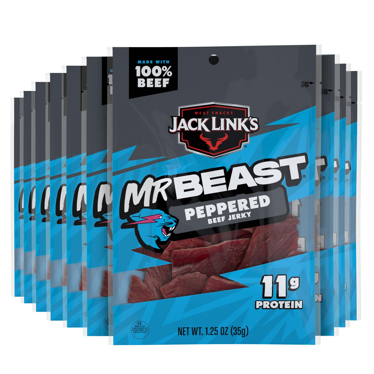 Jack Link's paquete frontal mostrando marca y diseño, práctico para llevar