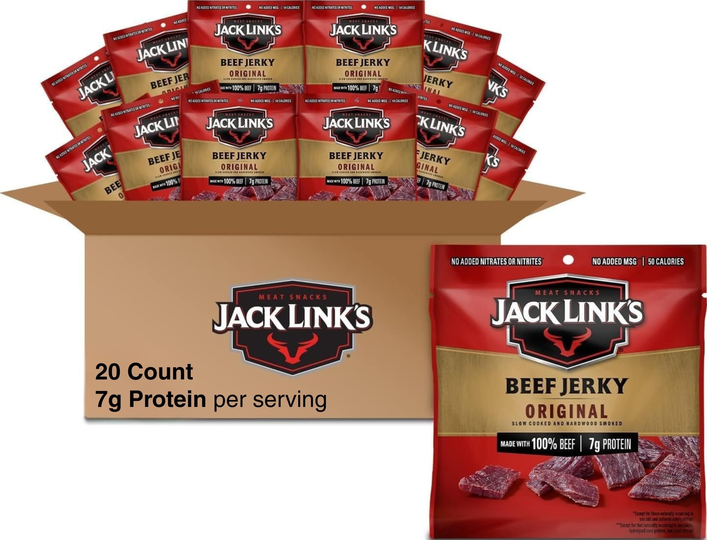 Jack Link's multipack frente mostrando 20 bolsas, conveniencia para despensa