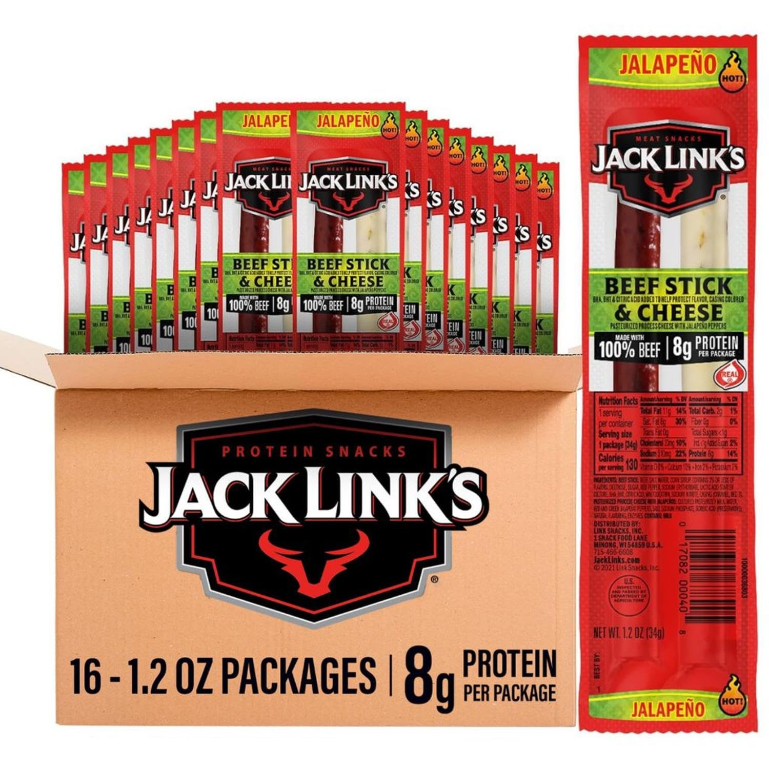 Jack Link's paquete frontal del combo jalapeño y queso mostrando envases listos para llevar