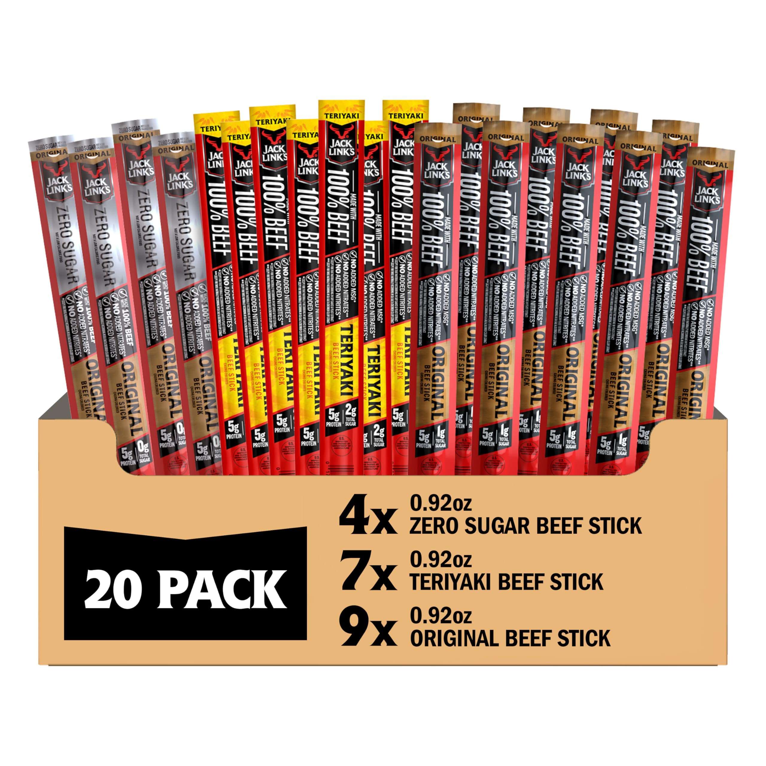 Jack Link's paquete frontal mostrando 20 palitos, conveniente para compartir
