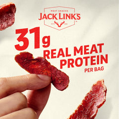 Jack Link's bolsa abierta con lonjas visibles, porción lista para consumir
