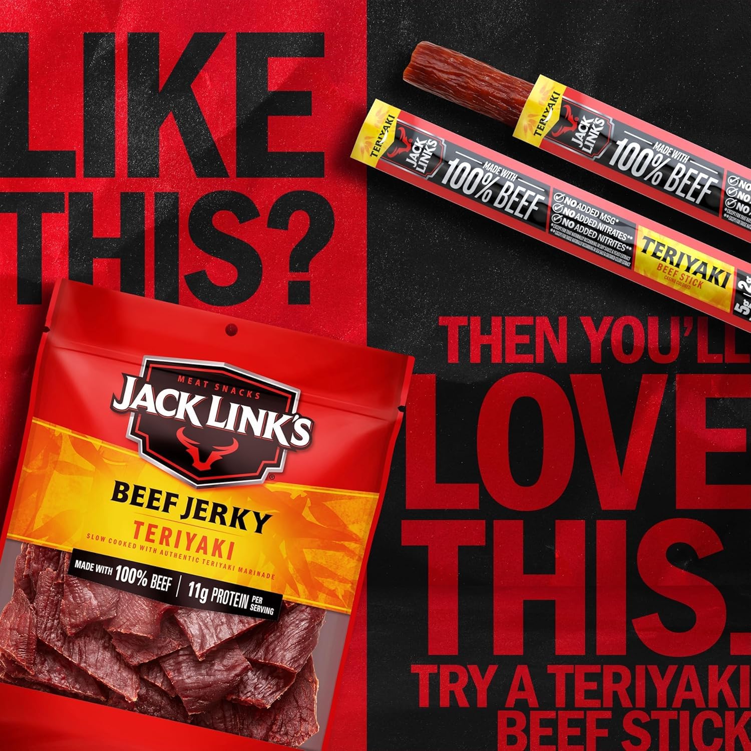 Jack Link's close-up de condimentos teriyaki mostrando sabor y aroma