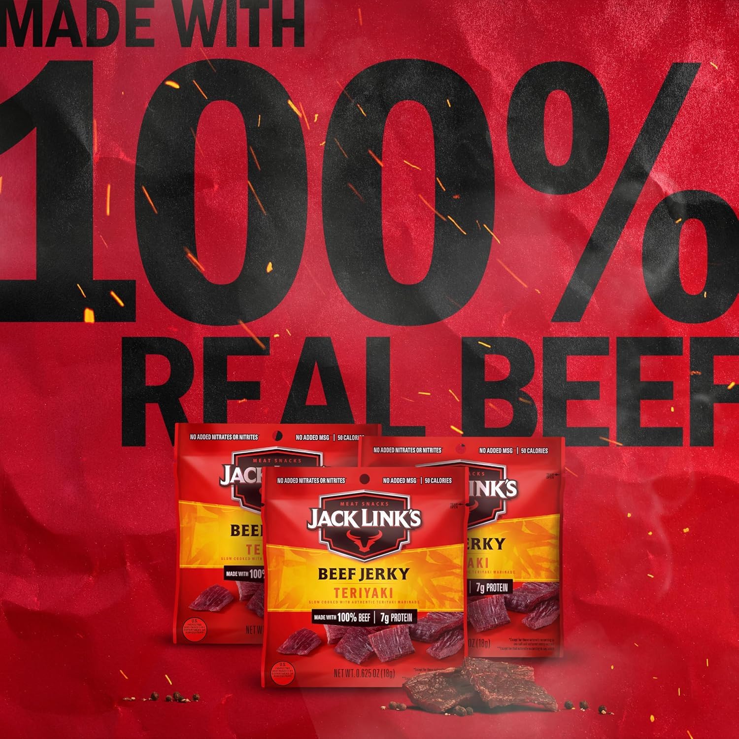Jack Link's textura de carne jerky teriyaki en primer plano, aspecto sabroso y masticable