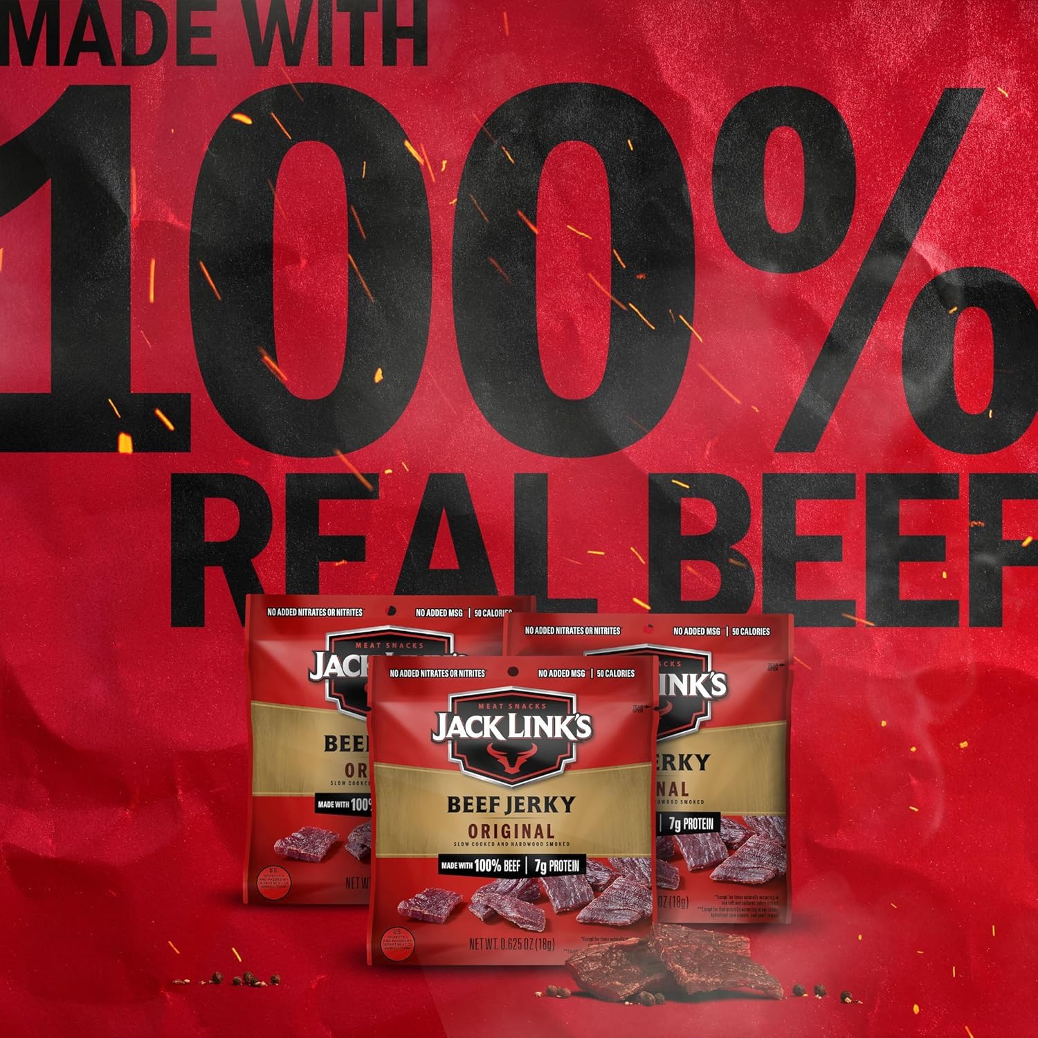 Jack Link's tiras de jerky en placa, apariencia apetitosa y proteína lista