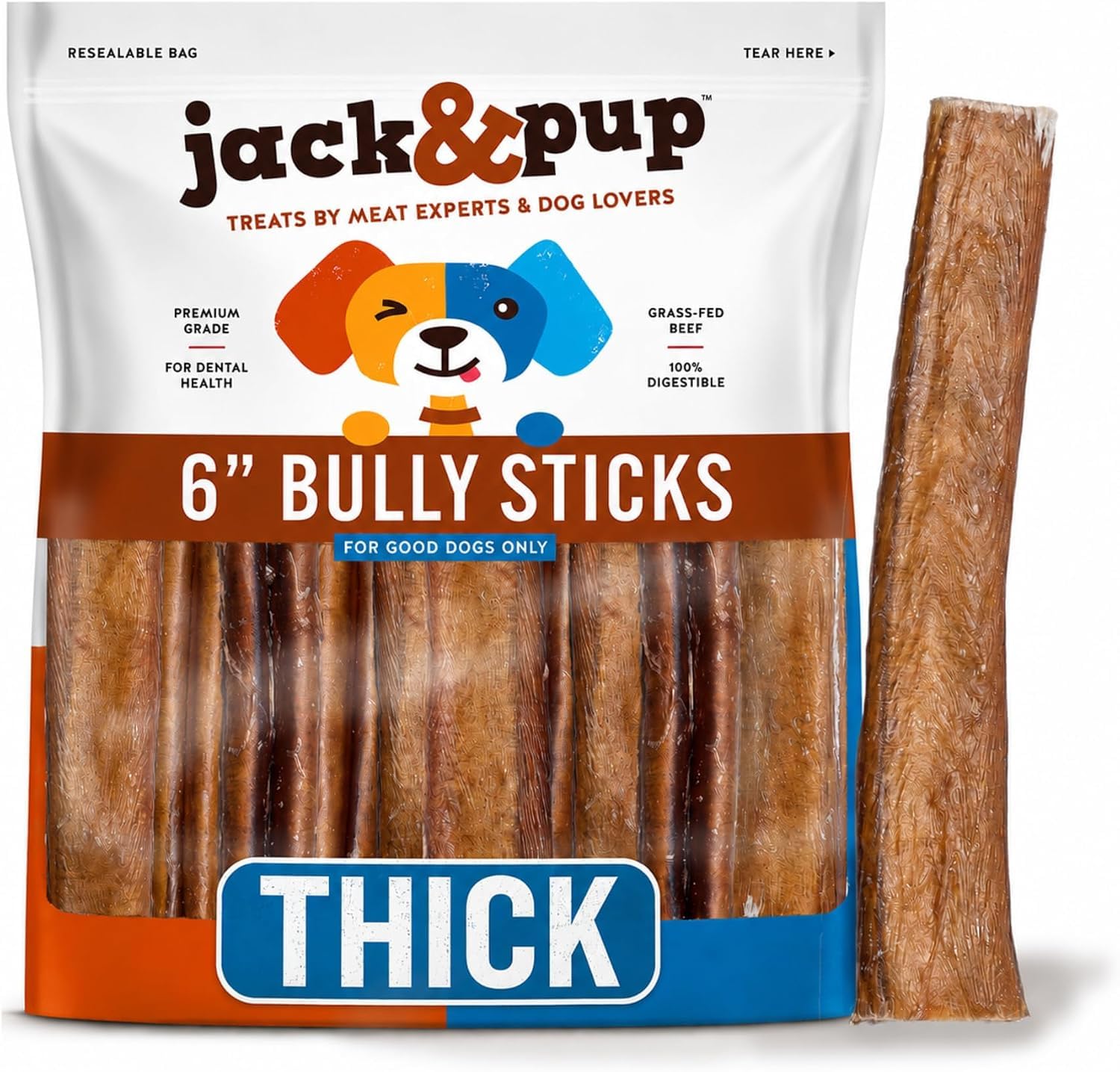 Jack&Pup front packaging showing five 6-inch bully sticks and resealable bag benefit freshness
