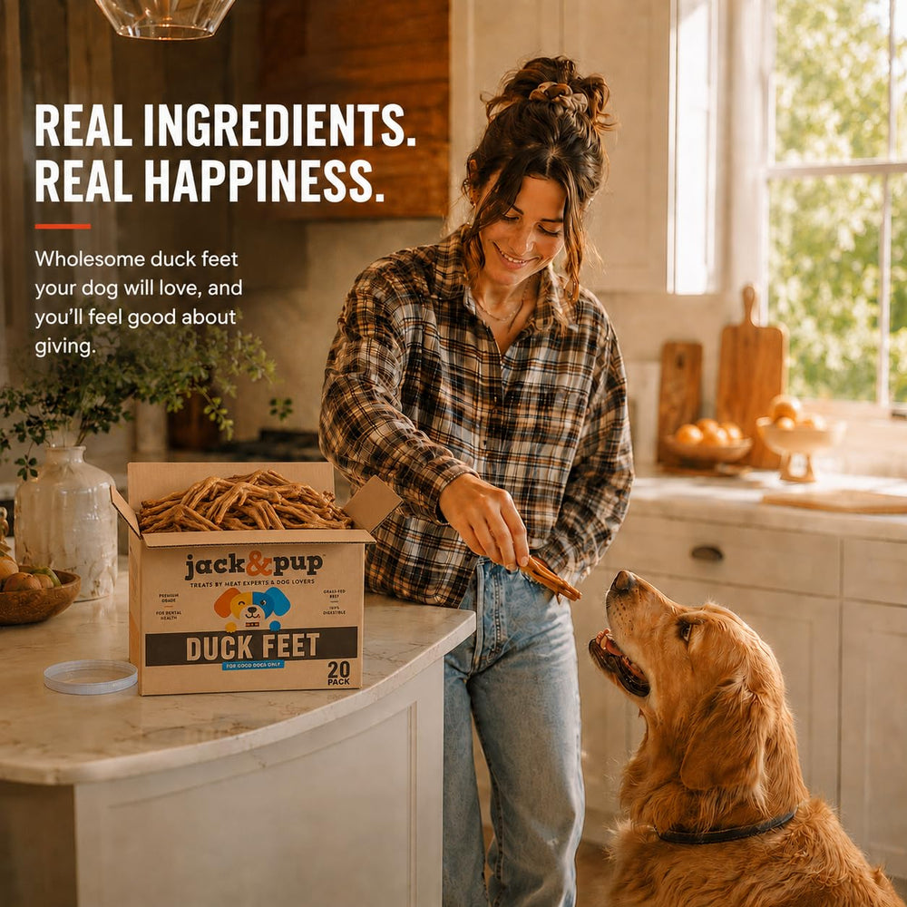 Jack&Pup pata de pato junto a una mano, tamaño ideal para perros pequeños
