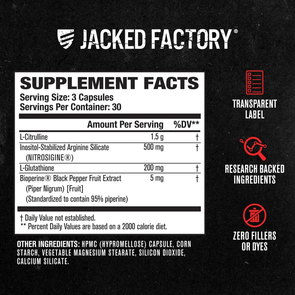Jacked Factory etiqueta con ingredientes clave y beneficios visibles