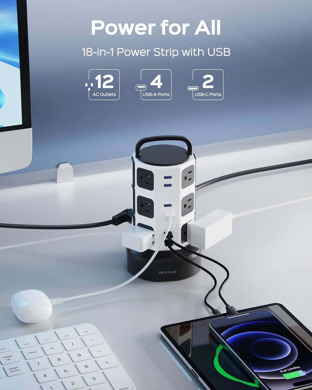 JACKYLED closeup of widely spaced AC outlets preventing blocked plugs