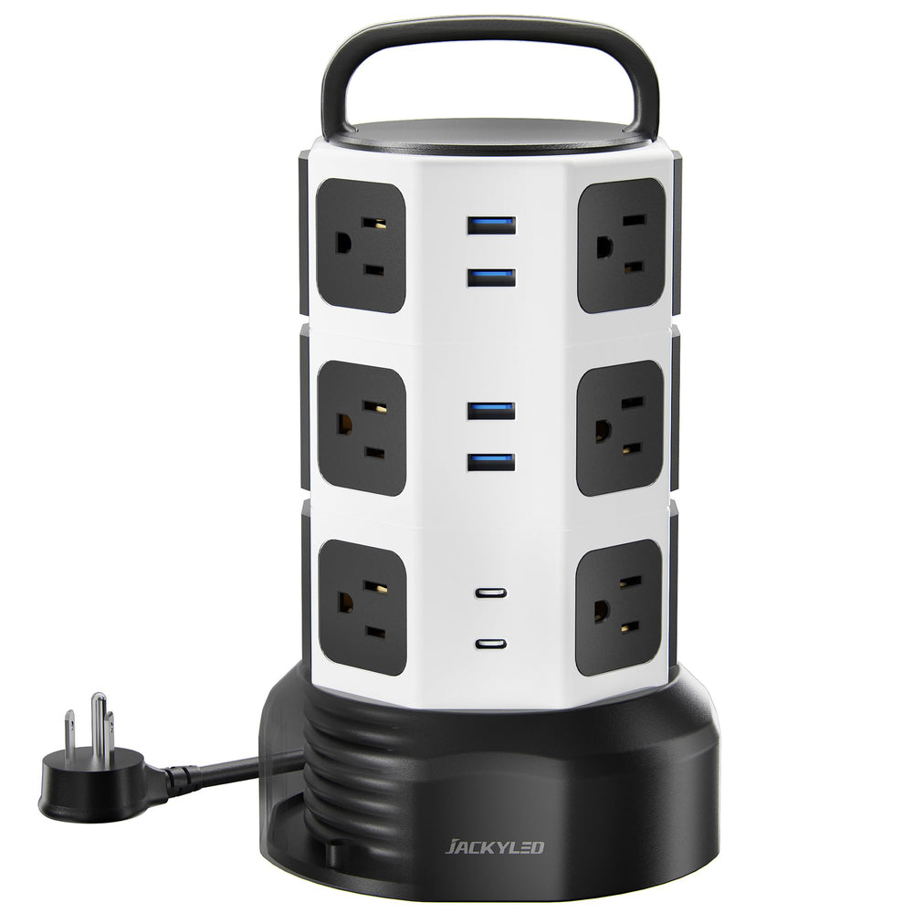 JACKYLED tower front view showing all outlets and organized benefits