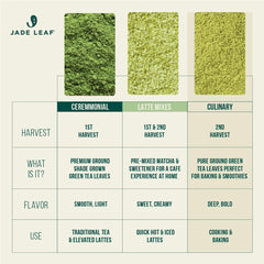 Jade Leaf Matcha envase 100 g comparado con una taza para visualizar tamaño y rendimiento