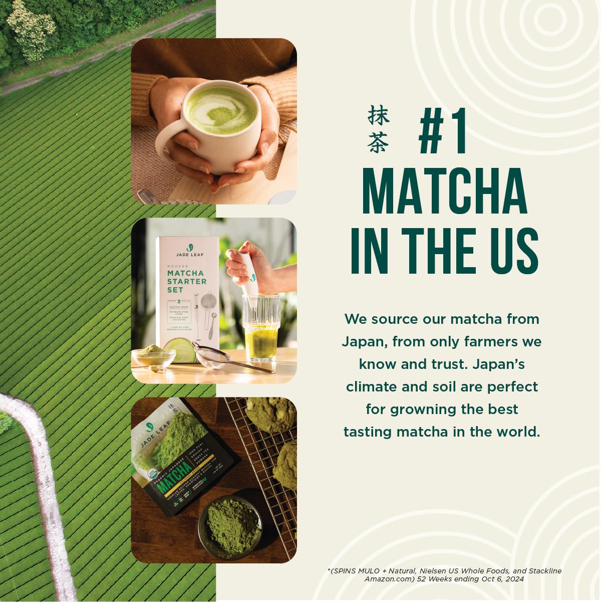 Jade Leaf Matcha etiqueta con sellos orgánicos demostrando certificaciones y origen