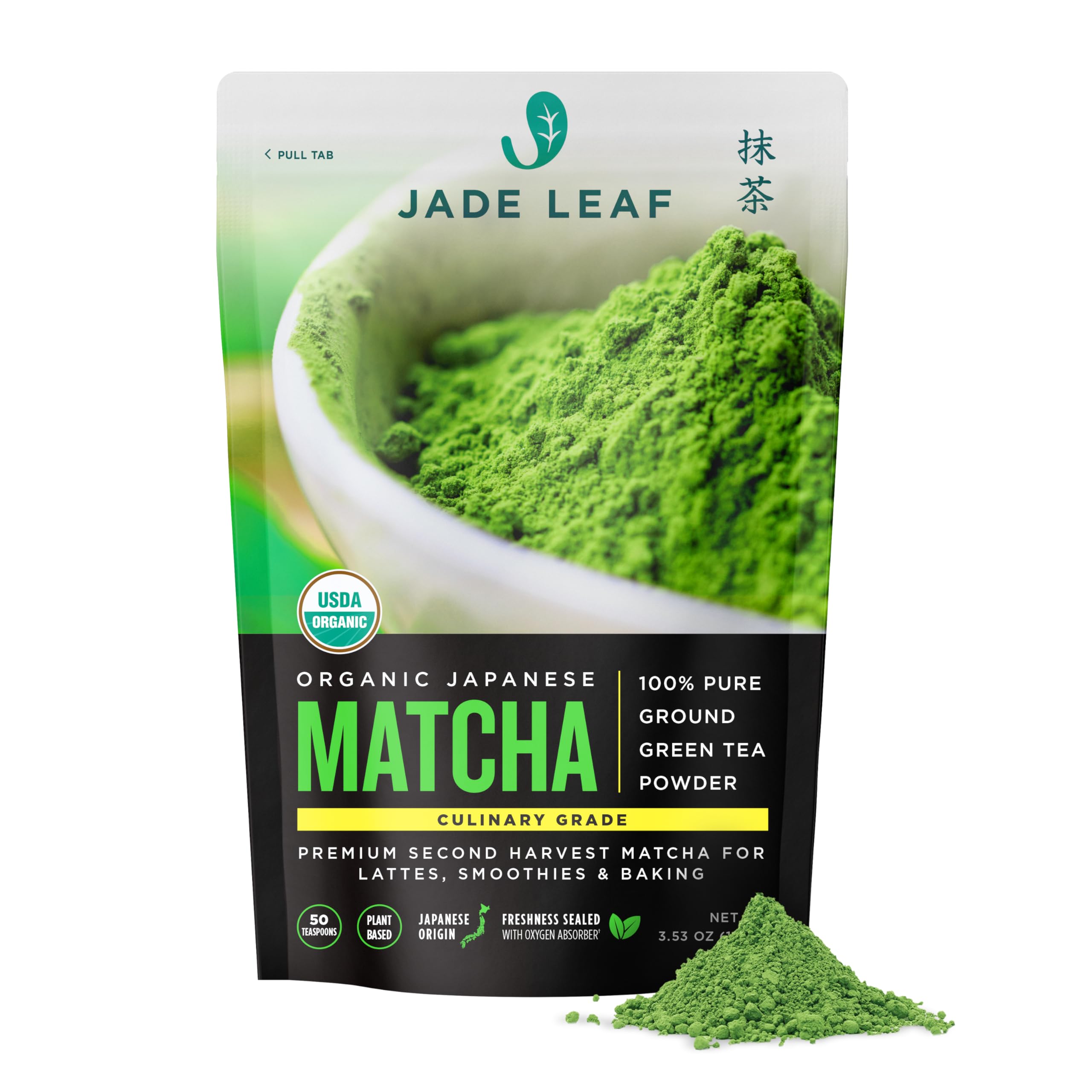 Jade Leaf Matcha paquete frontal mostrando presentación y beneficio de calidad orgánica