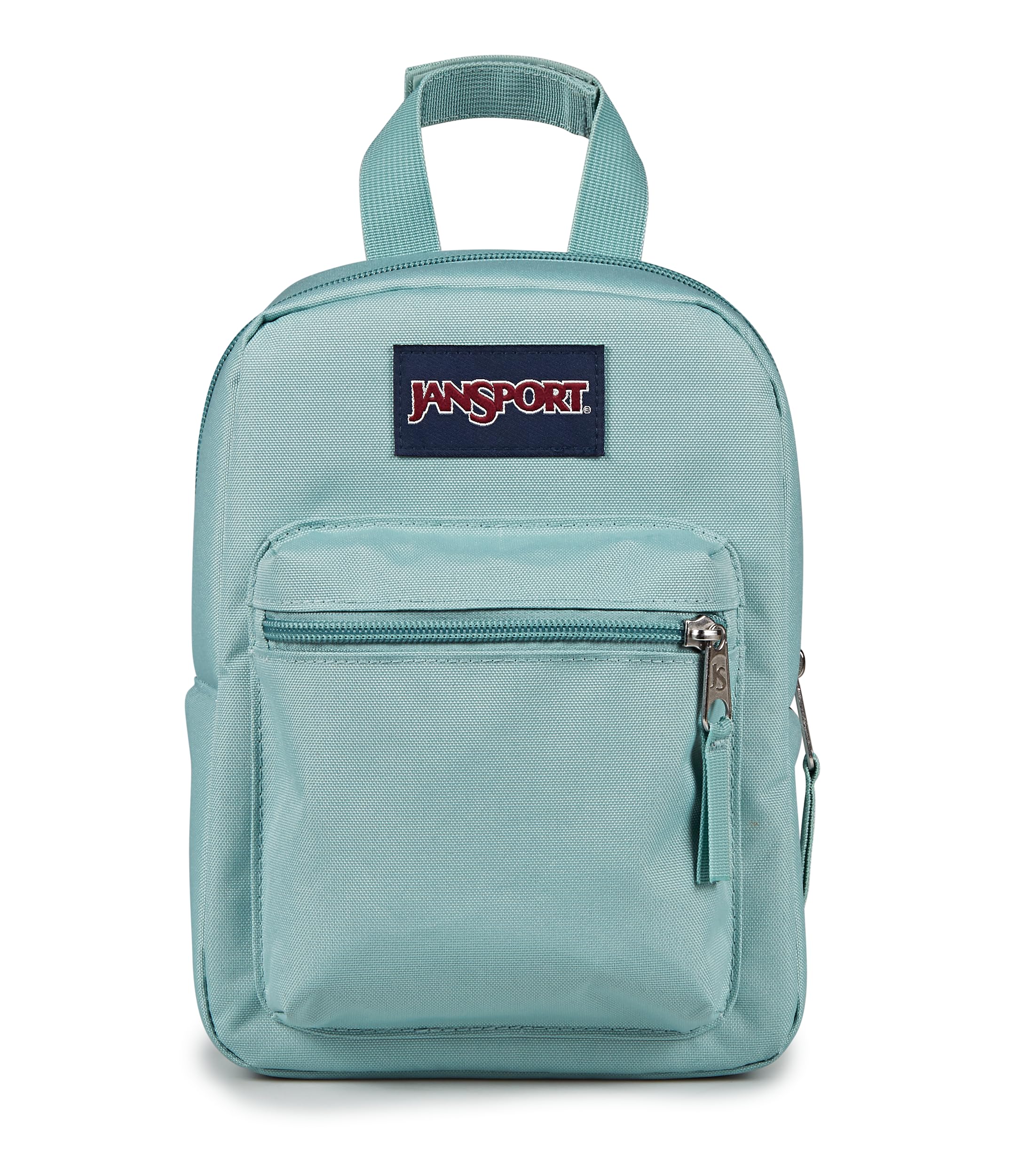 JanSport vista frontal de la Big Break en Faded Sage con cierre y bolsillo frontal