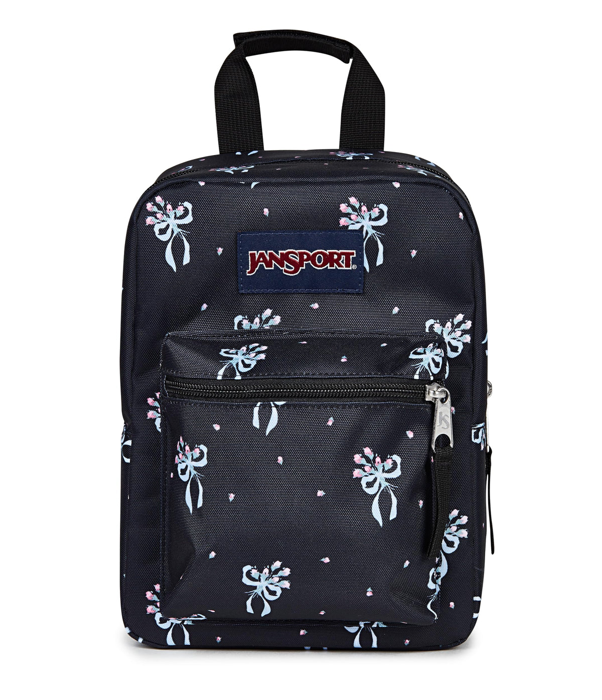 JanSport vista frontal con cremallera y bolsillo, mantiene orden y acceso rápido