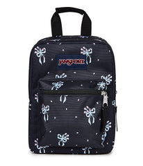 JanSport vista frontal con cremallera y bolsillo, mantiene orden y acceso rápido