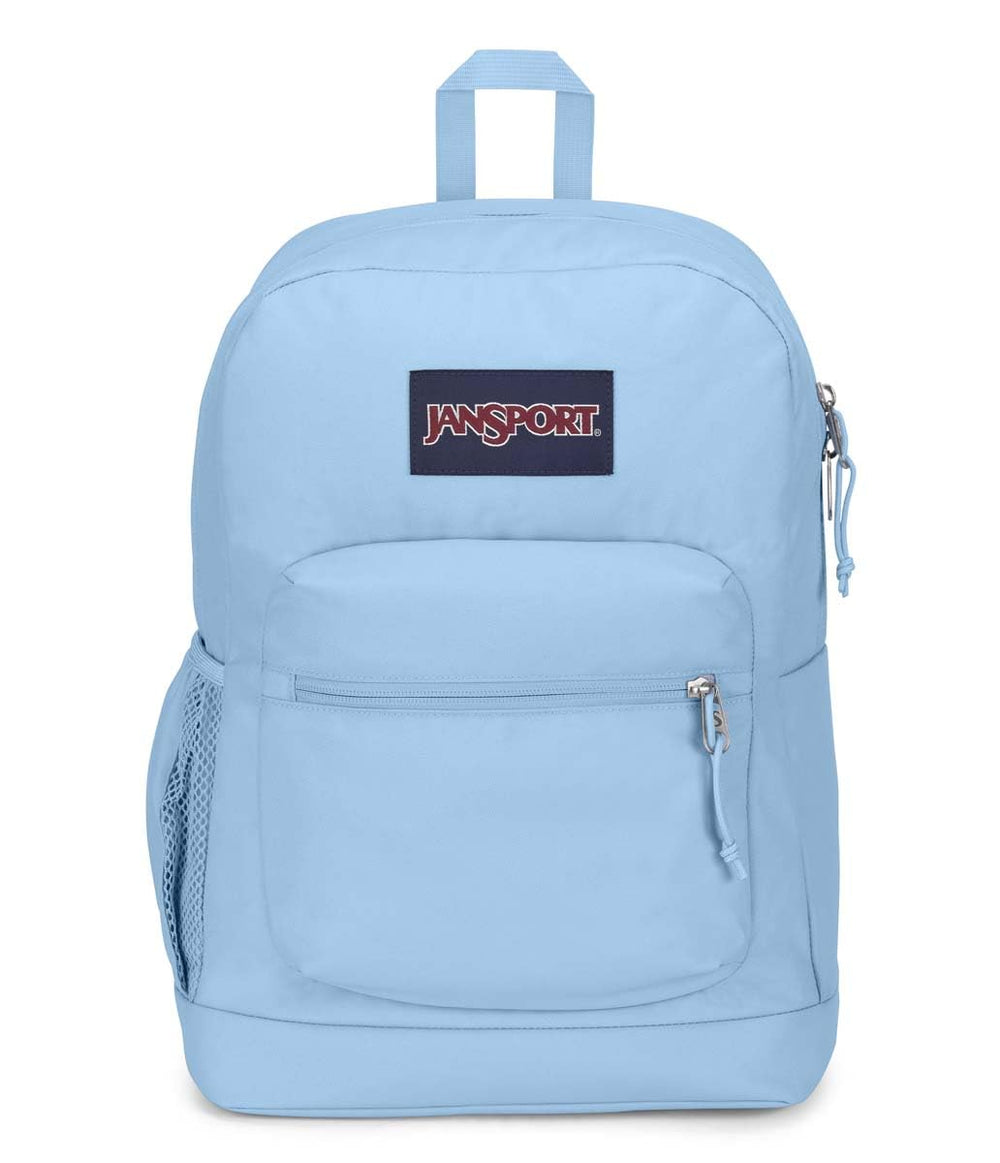 JanSport Cross Town Plus front view in Blue Dusk showing organized pockets and logo for everyday use