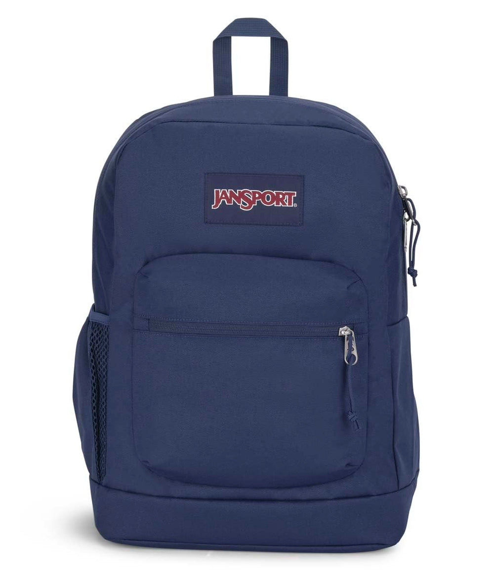 JanSport vista frontal navy mostrando compartimentos y diseño resistente