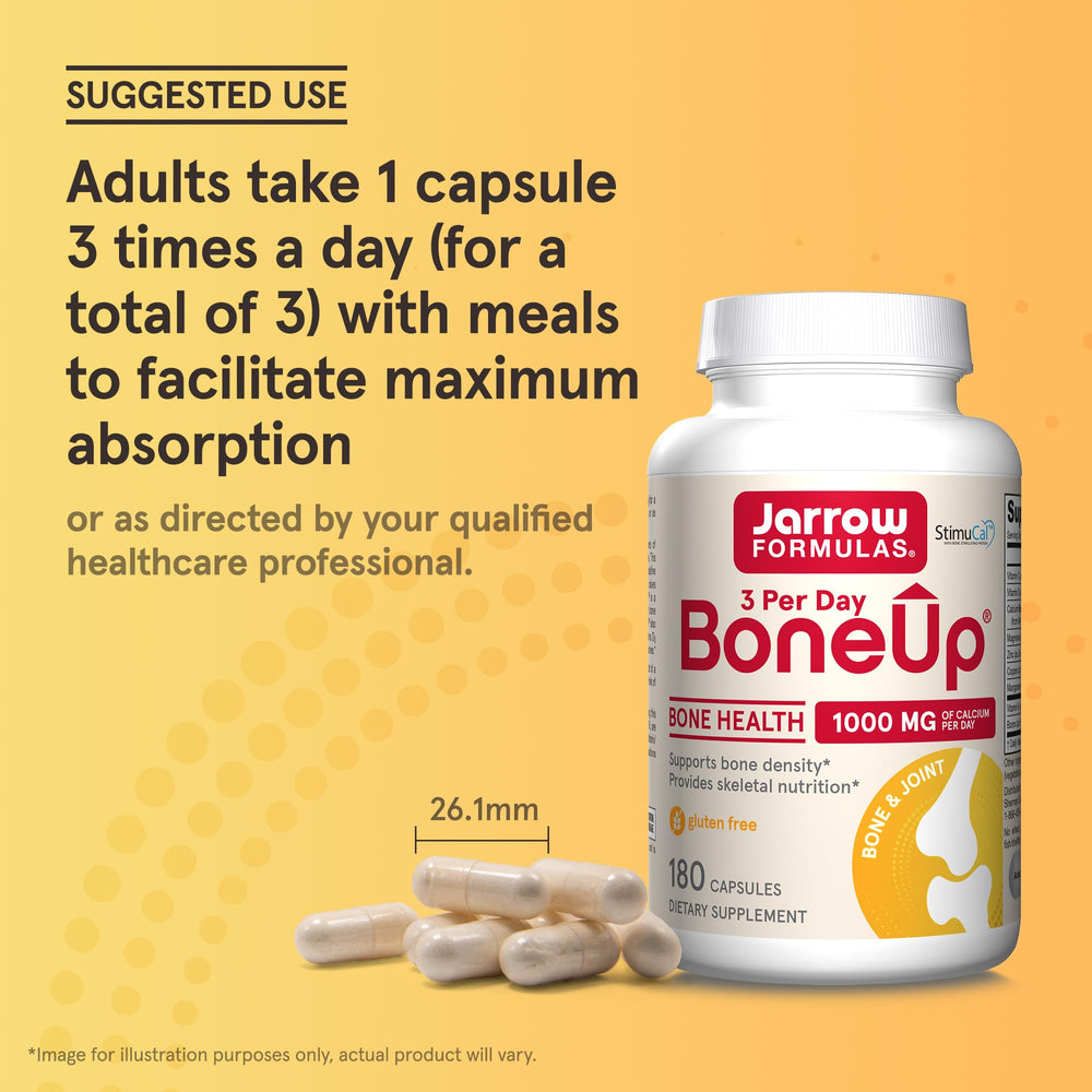 Jarrow Formulas BoneUp bottle on kitchen table in lifestyle scene showing everyday supplement use
