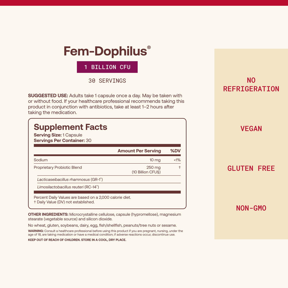 Jarrow FemDophilus frasco abierto con cápsulas para visualización del contenido