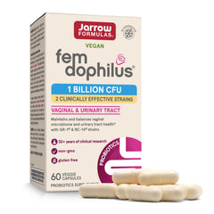 Jarrow FemDophilus envase frontal mostrando la marca y beneficio para salud vaginal